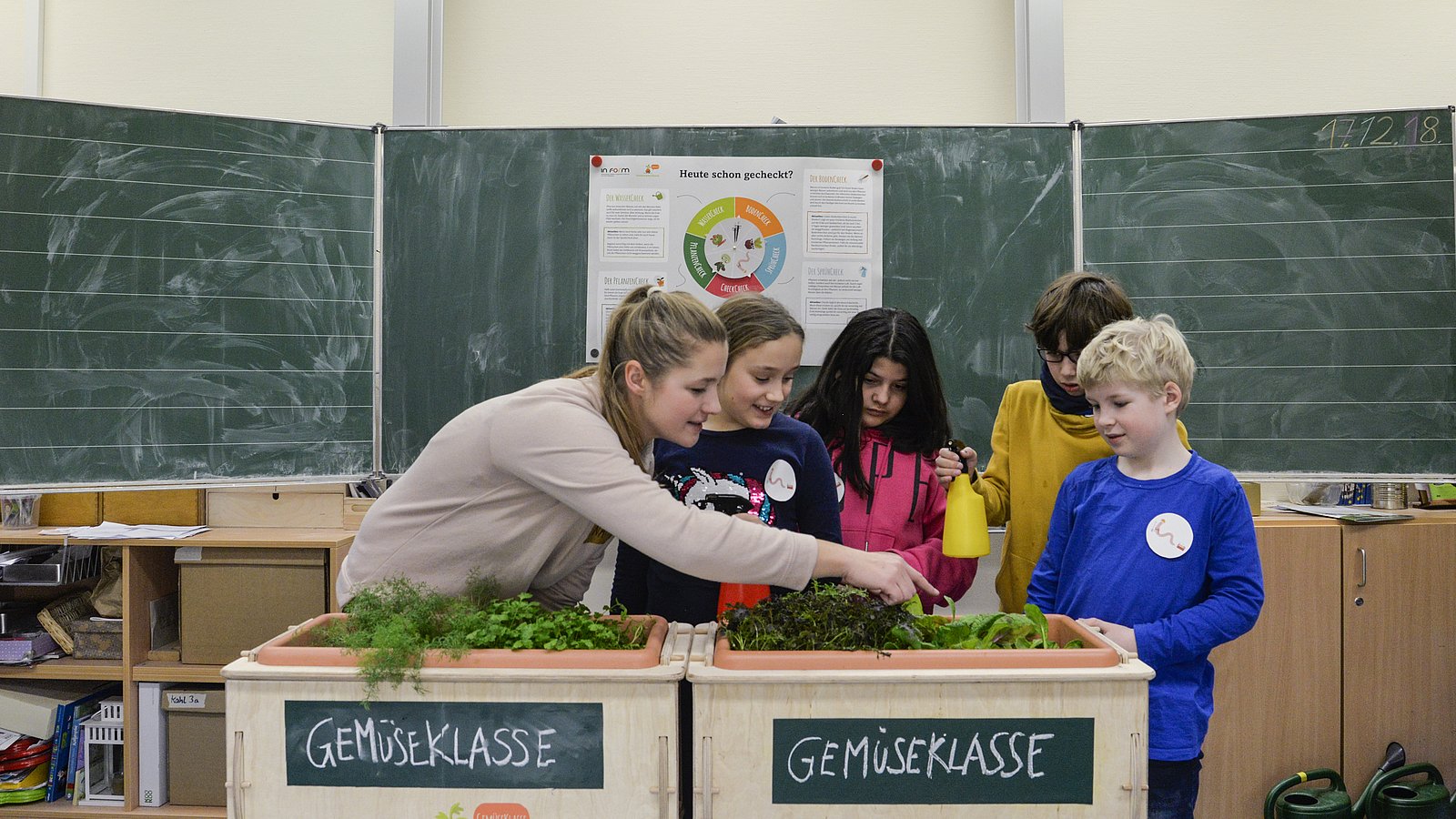In einem Klassenraum stehen Schülerinnen, Schüler und eine Lehrerin vor zwei Kästen mit Pflanzen und der Aufschrift "Gemüseklasse".