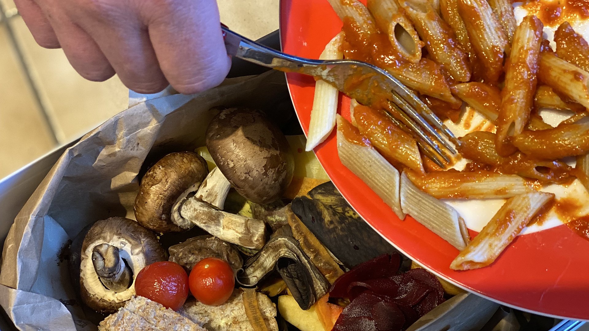 Reste werden von einem Teller in den Müll geschoben