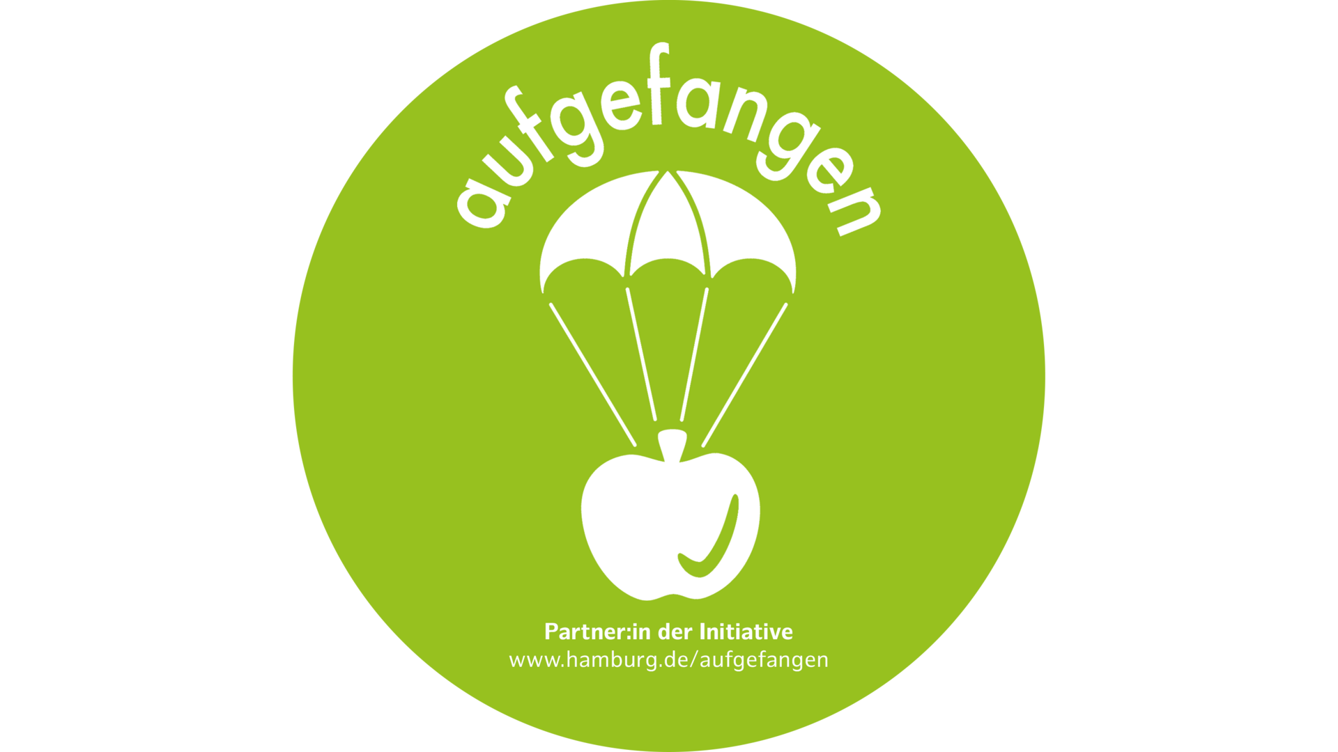 Das Bild zeigt die Zeichnung eines geöffneten Fallschirm an welchem ein Apfel hängt. Auf dem grünen Hintergrund steht der Schriftzug: "augefangen - Partner der Initiative:www.hamburg.de/aufgefangen".