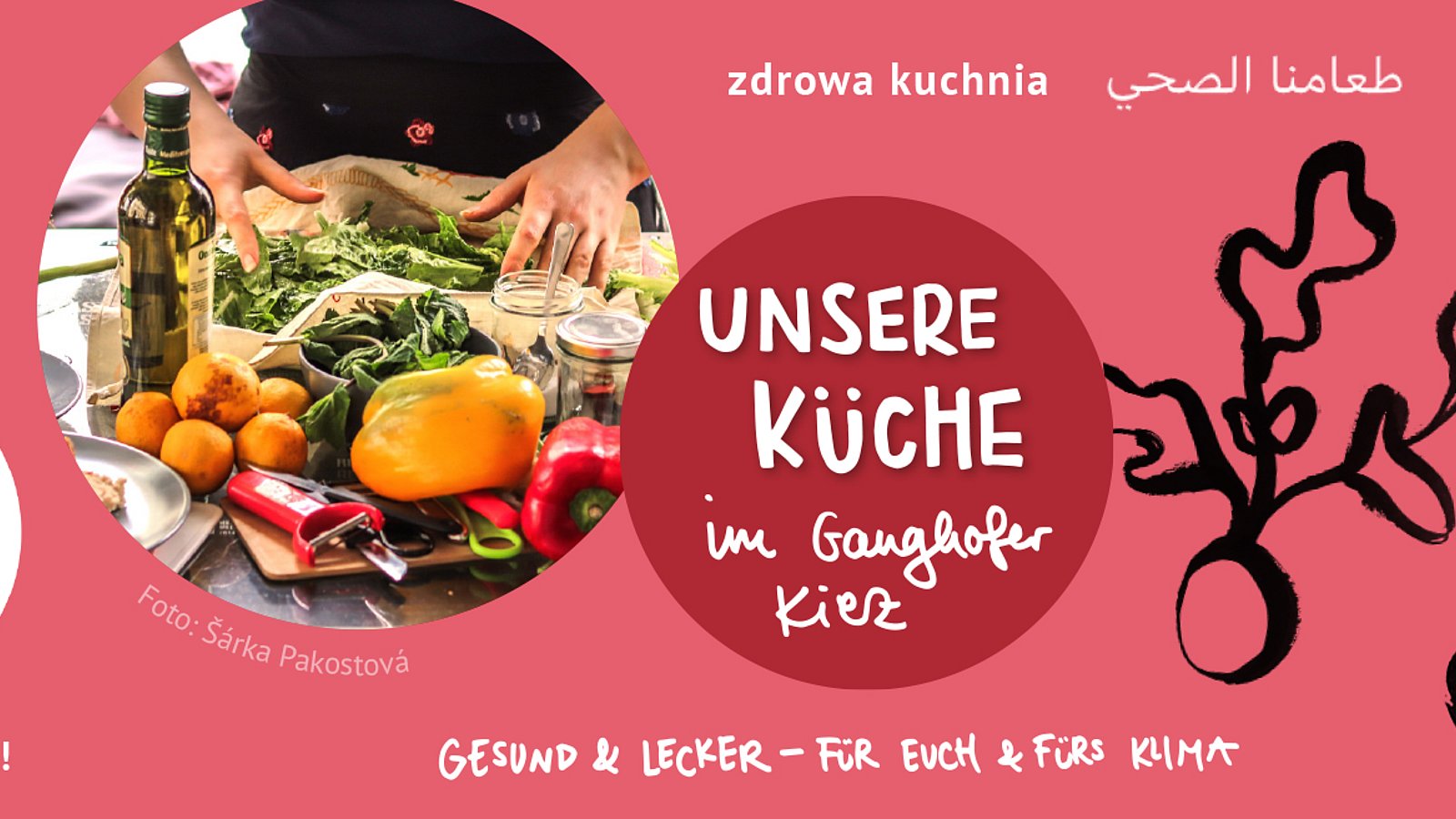 Auf dem Banner steht "Unsere Küche im Ganghofer Kiez" und ein Bild mit Gemüse ist abgebildet.
