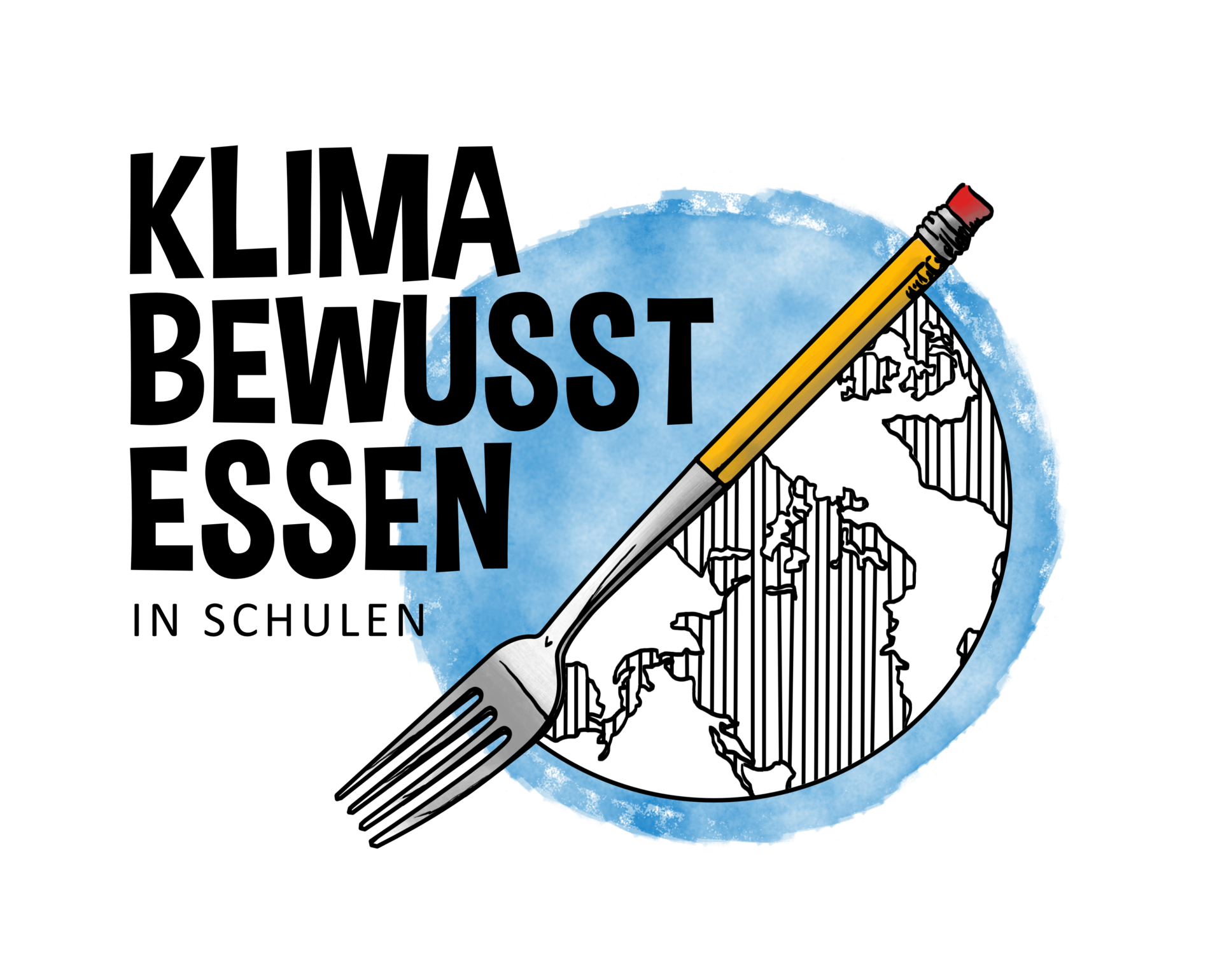 Das Logo von Klimabewusst essen in Schulen: eine halbe Weltkugel mit einer Gabel