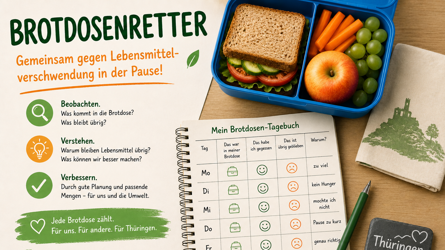 Werbeplakat mit drei Icons (Beobachten, Verstehen, Verbessern) und dem Slogan „Jede Brotdose zählt. Für uns. Für andere. Für Thüringen.“ Rechts ein Foto einer blauen Lunchbox mit Sandwich, Karotten, Trauben und Apfel, daneben ein aufgeschlagenes Brotdosen-Tagebuch mit Wochentabelle, ein Stift und ein Geschirrtuch mit grünem Schloss-Motiv.