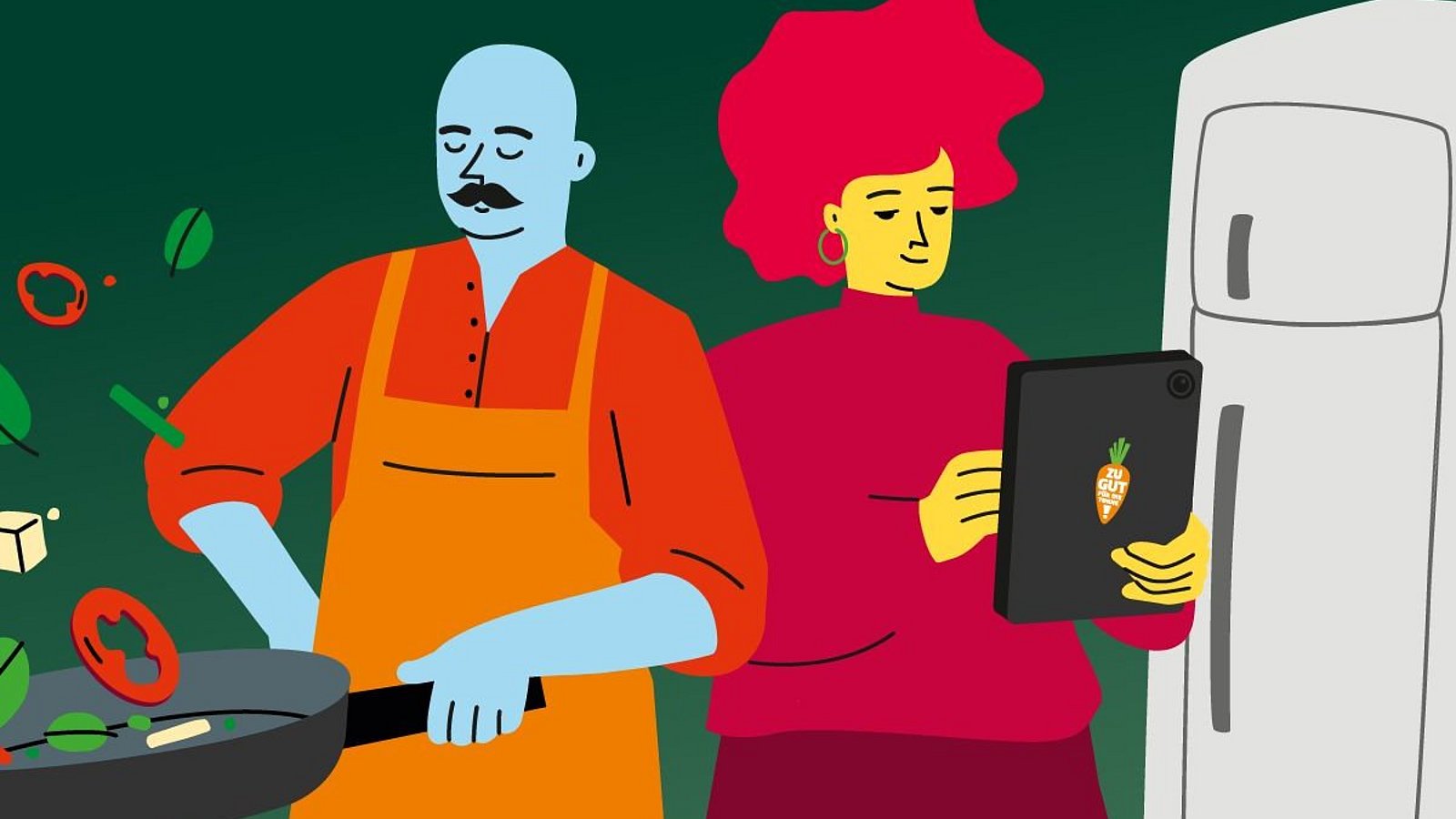 Symbolbild: Ein Mann kocht Reste in einer Pfanne. Eine Frau schreibt eine Einkaufsliste auf dem Tablet.