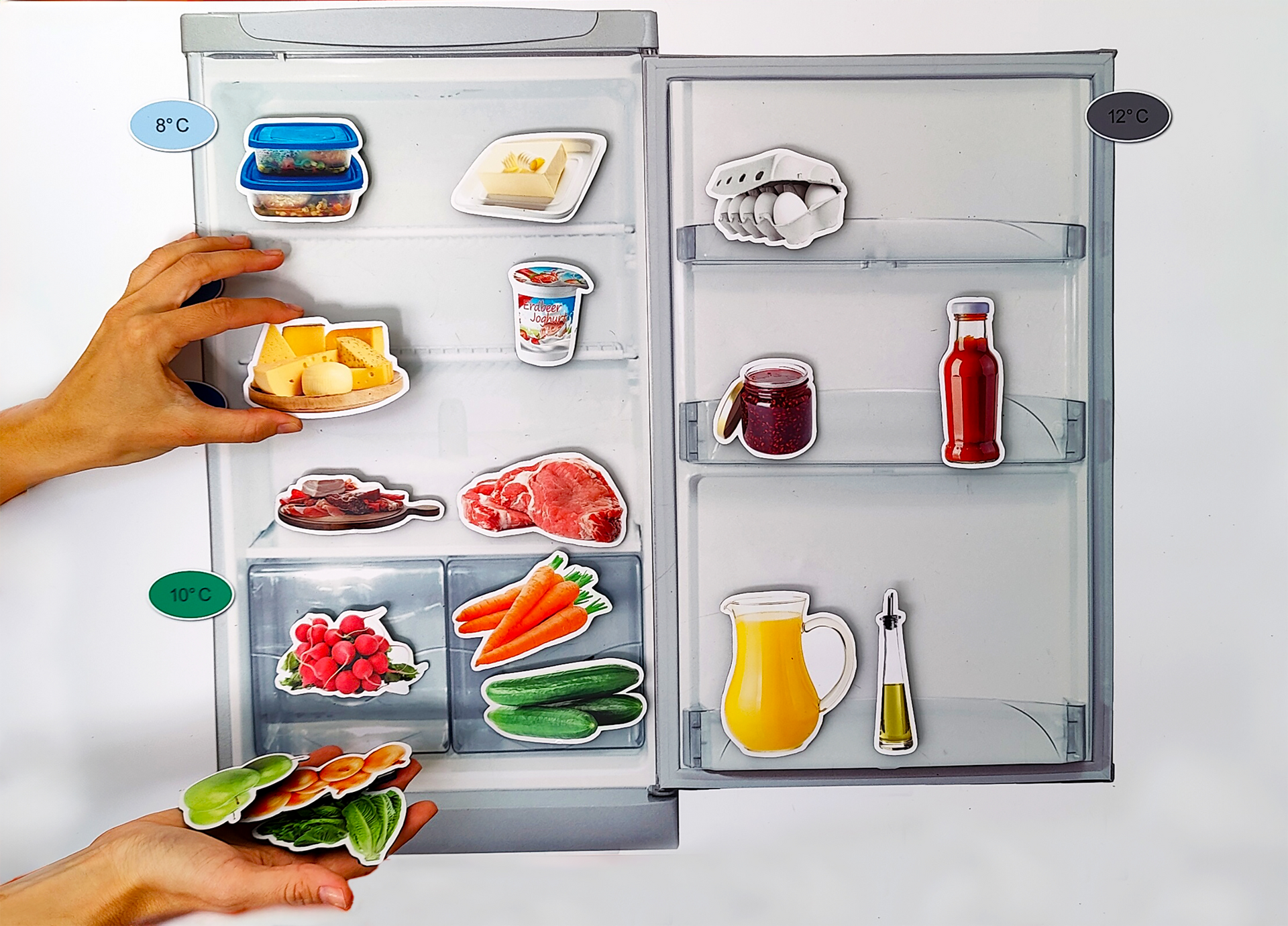 Das Bild zeigt einen geöffneten Kühlschrank und zwei Hände die kleine Essensortionen aus dem Kühlschrank entnehmen.