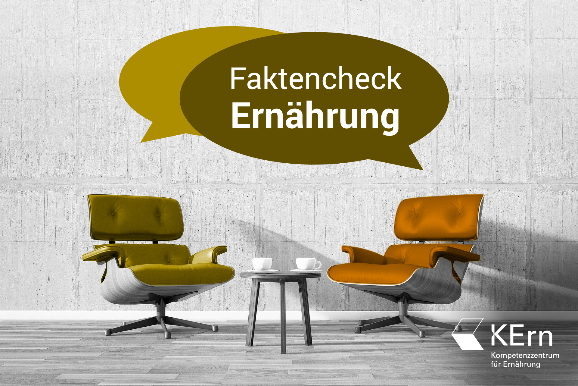 Auf dem Bild sind zwei Sessel vor einer grauen Betonwand zu sehen. Darüber steht der Titel "Faktencheck Ernährung" in Sprechblasen.