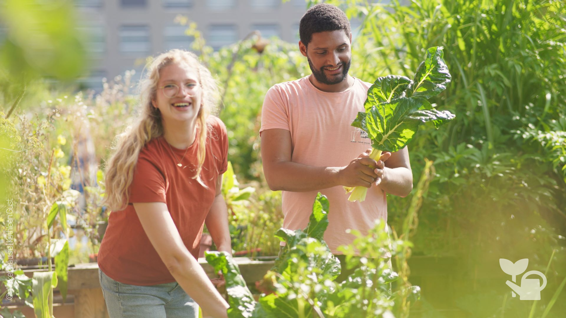 Zwei Personen stehen in einem Garten, eine Peron hält Gemüse in der Hand. 