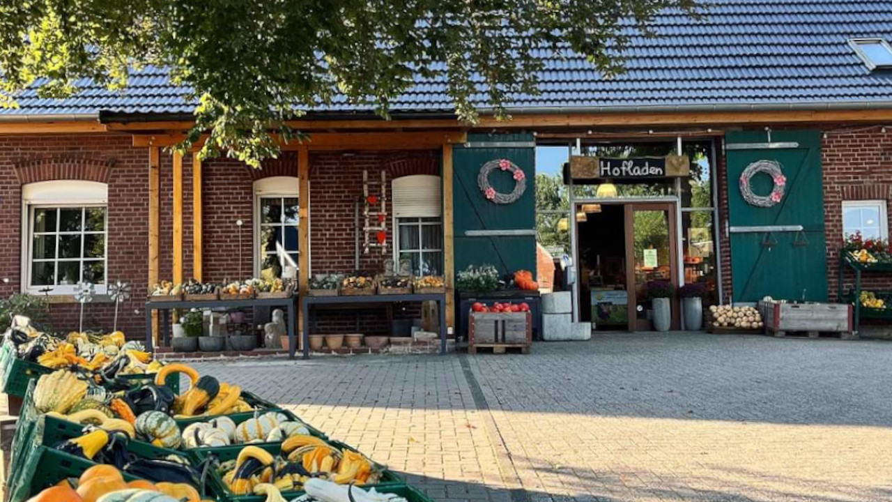 Das Bild zeigt einen Hof auf dem Gemüse verkauft wird. Im Hintergund ist der Hauseingang zum  "Hofladen" zu erkennen.